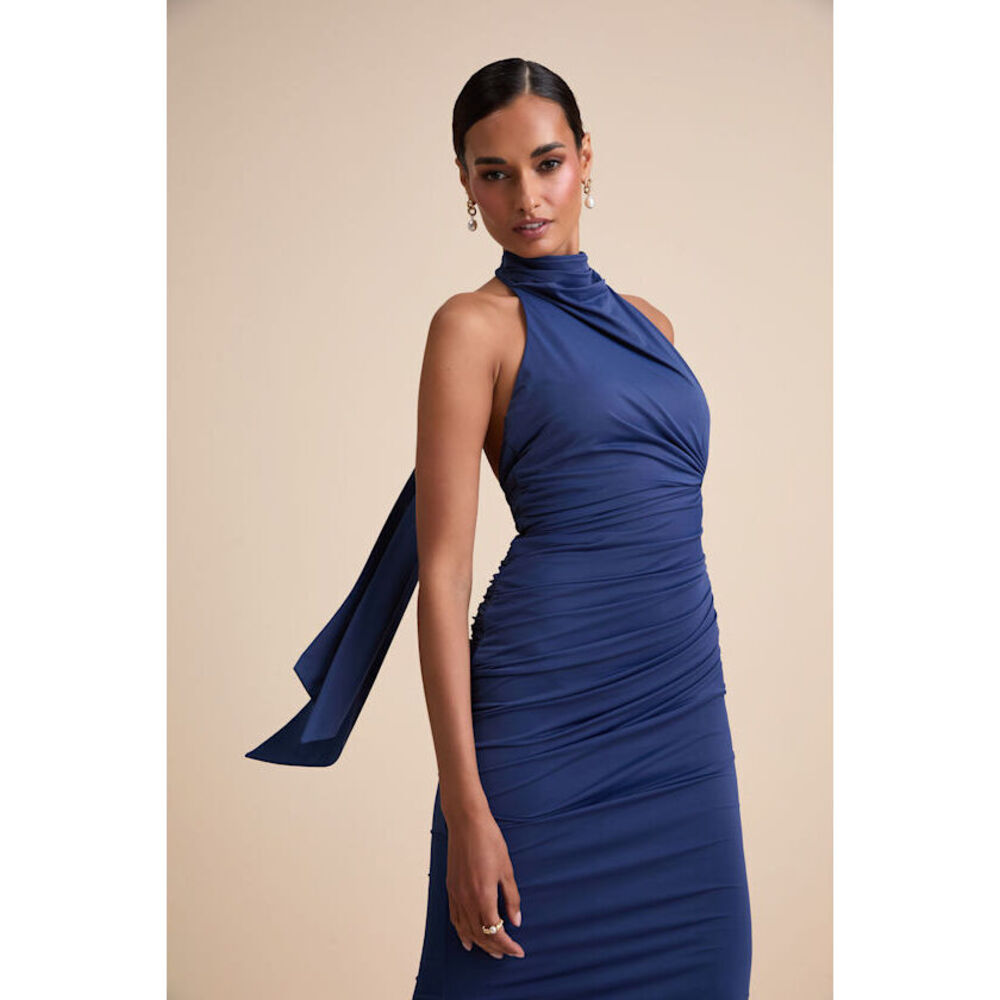 Lulus Seraiah Navy Knotted Ruched Halter Maxi Dress Blue - Size L